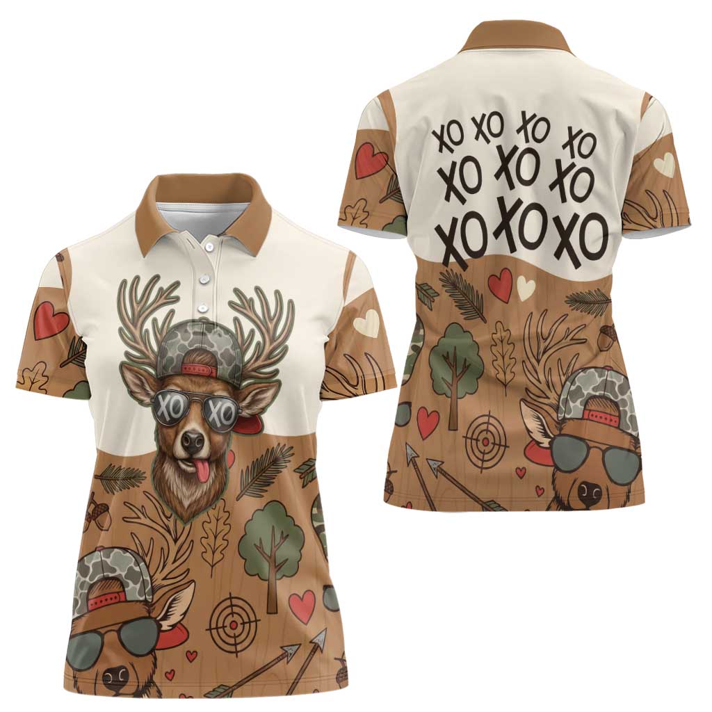 Valentine Buck Women Polo Shirt with Camo Cap and XOXO Pattern Retro Hunting