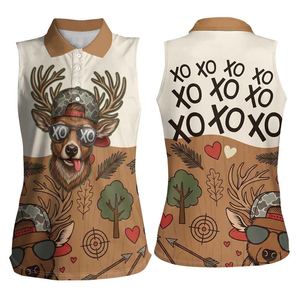 Valentine Buck Women Sleeveless Polo Shirt with Camo Cap and XOXO Pattern Retro Hunting