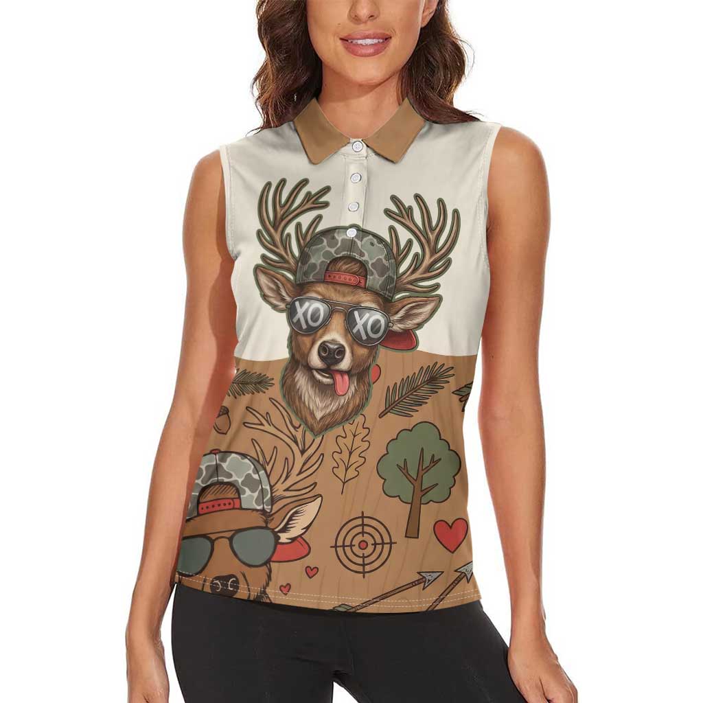 Valentine Buck Women Sleeveless Polo Shirt with Camo Cap and XOXO Pattern Retro Hunting