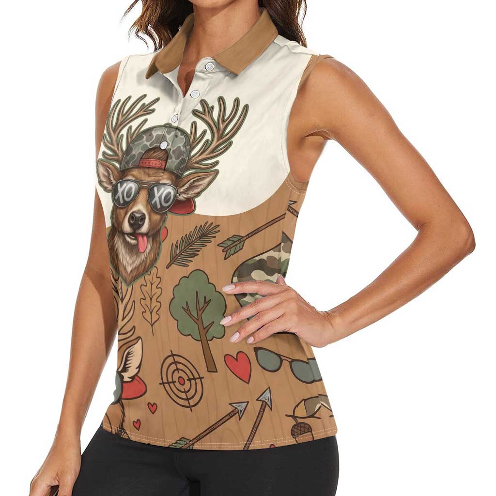 Valentine Buck Women Sleeveless Polo Shirt with Camo Cap and XOXO Pattern Retro Hunting