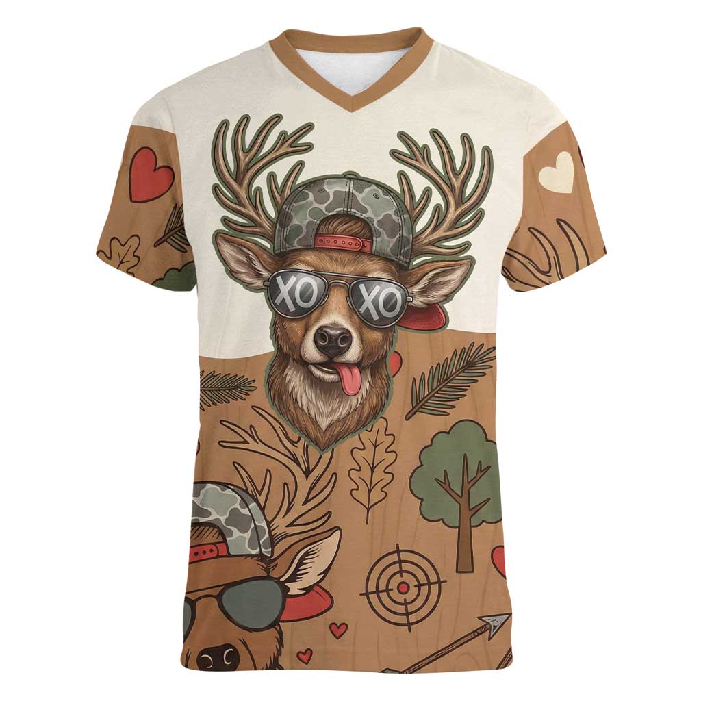 Valentine Buck Women V-Neck T-Shirt with Camo Cap and XOXO Pattern Retro Hunting