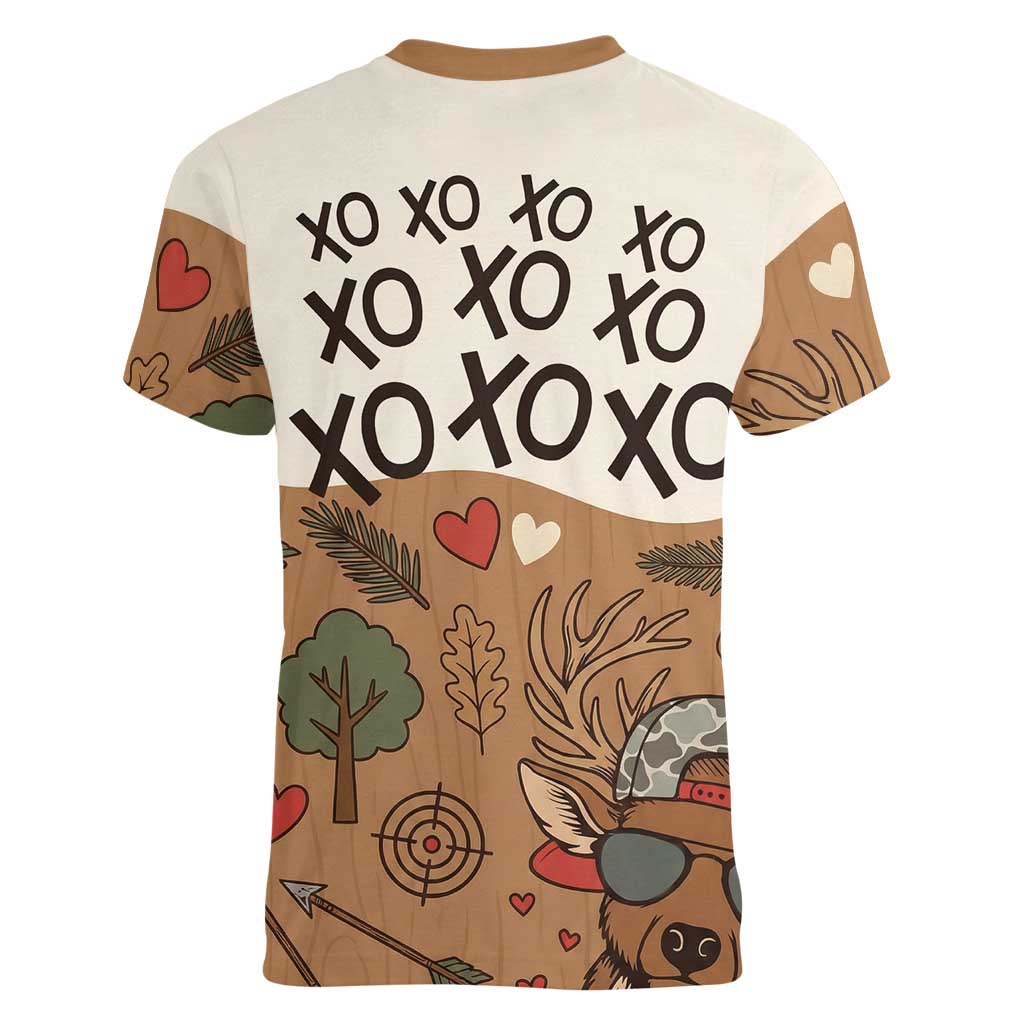 Valentine Buck Women V-Neck T-Shirt with Camo Cap and XOXO Pattern Retro Hunting