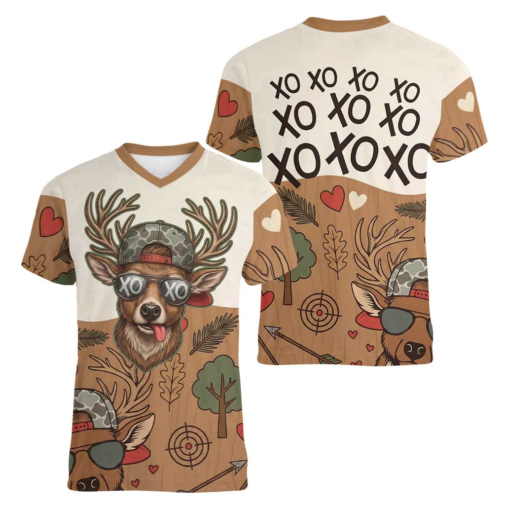 Valentine Buck Women V-Neck T-Shirt with Camo Cap and XOXO Pattern Retro Hunting