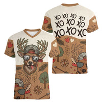 Valentine Buck Women V-Neck T-Shirt with Camo Cap and XOXO Pattern Retro Hunting