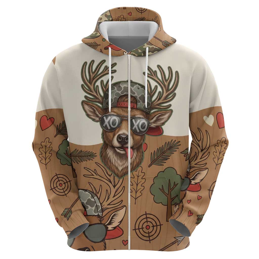 Valentine Buck Zip Hoodie with Camo Cap and XOXO Pattern Retro Hunting