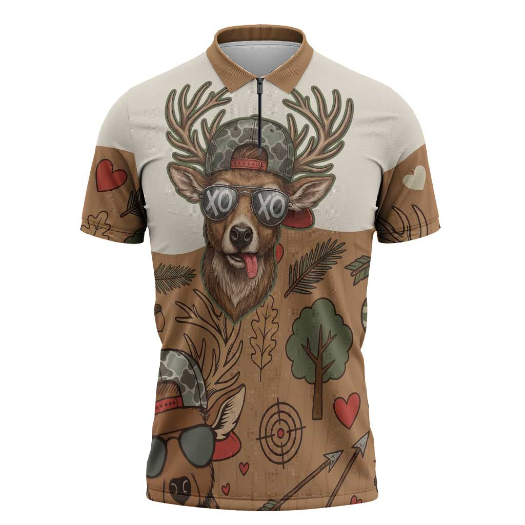 Valentine Buck Zipper Polo Shirt with Camo Cap and XOXO Pattern Retro Hunting