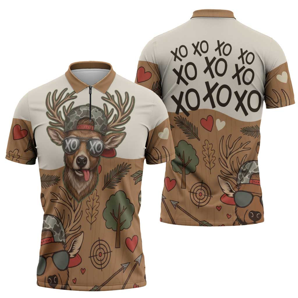 Valentine Buck Zipper Polo Shirt with Camo Cap and XOXO Pattern Retro Hunting