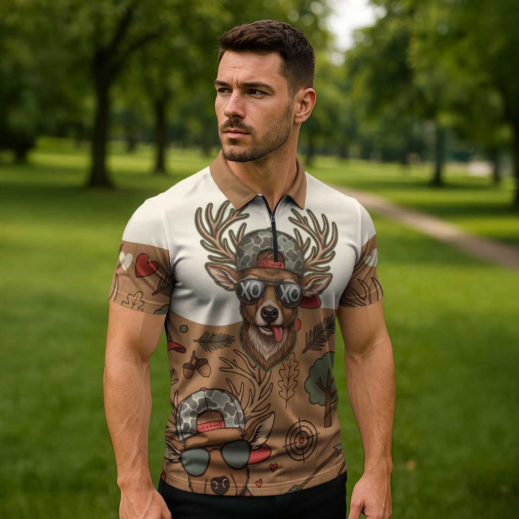 Valentine Buck Zipper Polo Shirt with Camo Cap and XOXO Pattern Retro Hunting