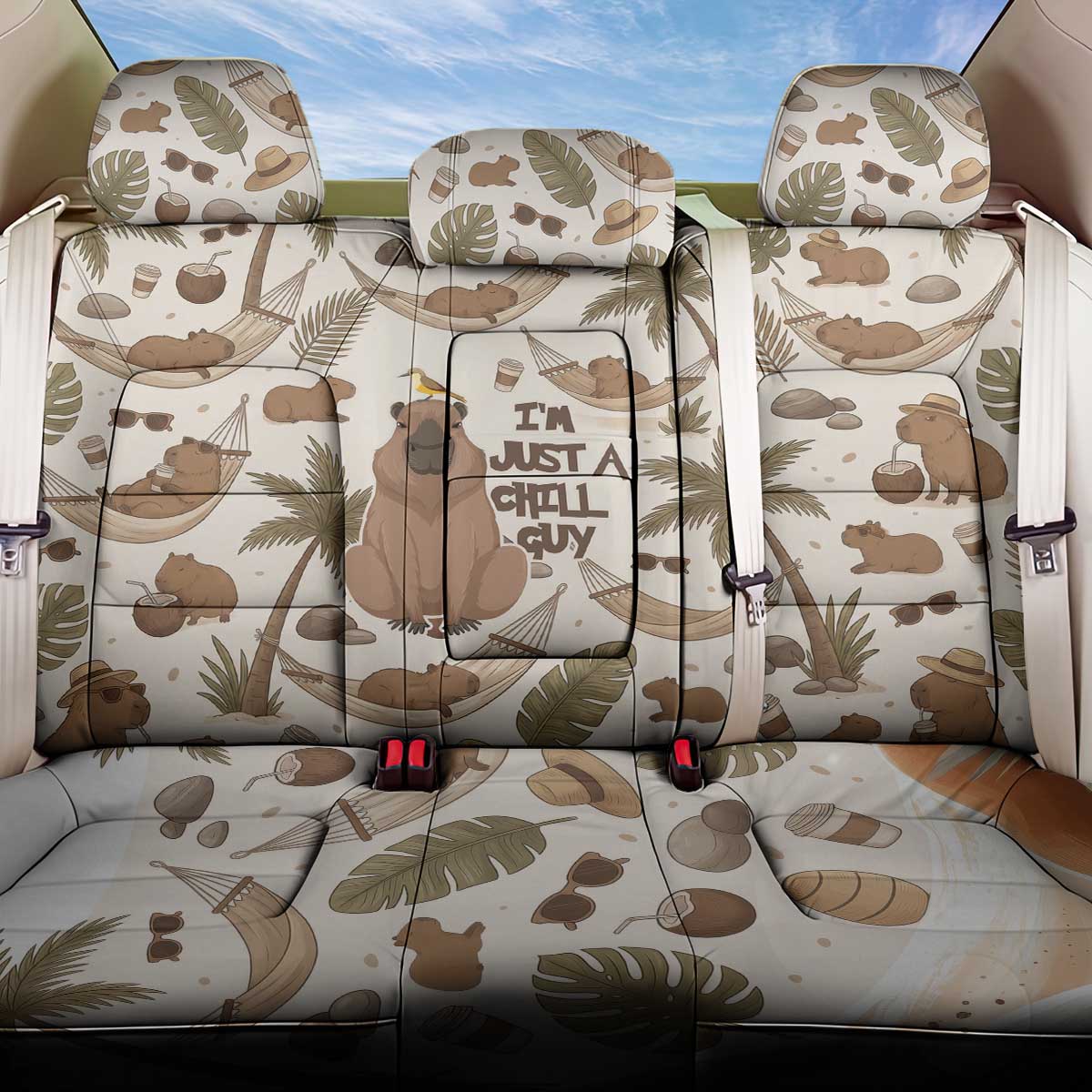 Chill Capybara Vibes Back Car Seat Cover with Hammock and Coconut Tropical Relaxed Style