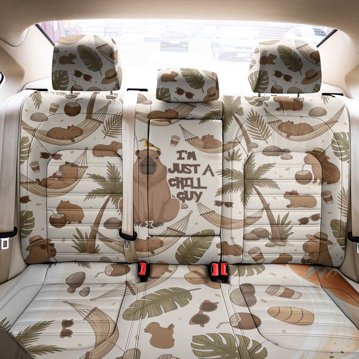 Chill Capybara Vibes Back Car Seat Cover with Hammock and Coconut Tropical Relaxed Style