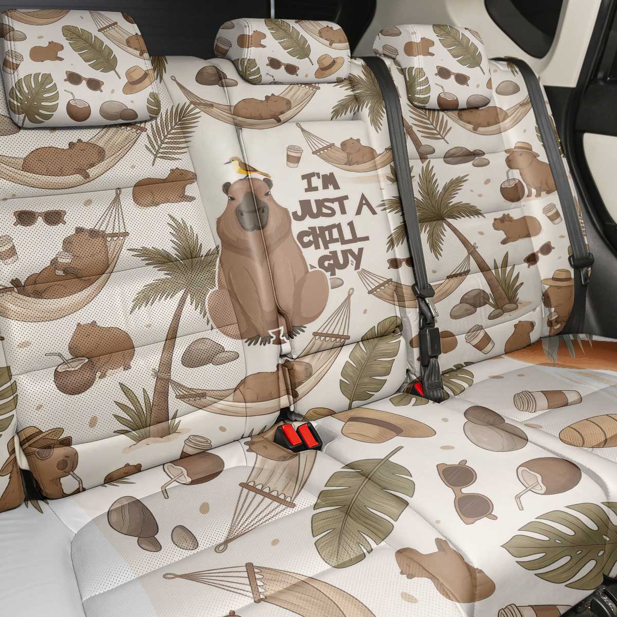 Chill Capybara Vibes Back Car Seat Cover with Hammock and Coconut Tropical Relaxed Style