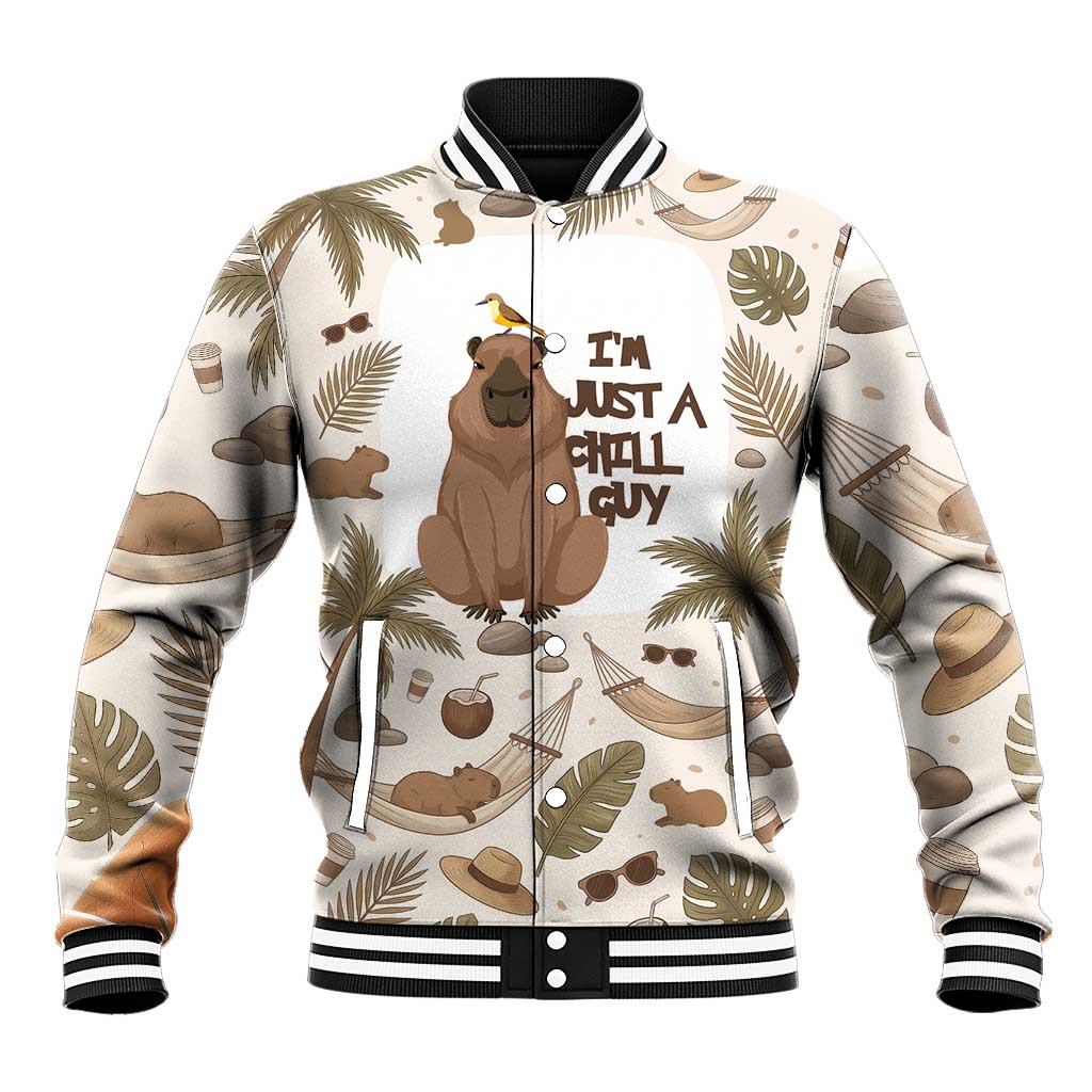 Chill Capybara Vibes Baseball Jacket with Hammock and Coconut Tropical Relaxed Style