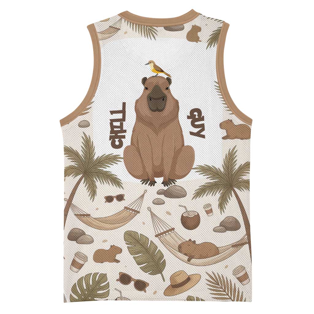 Chill Capybara Vibes Basketball Jersey with Hammock and Coconut Tropical Relaxed Style