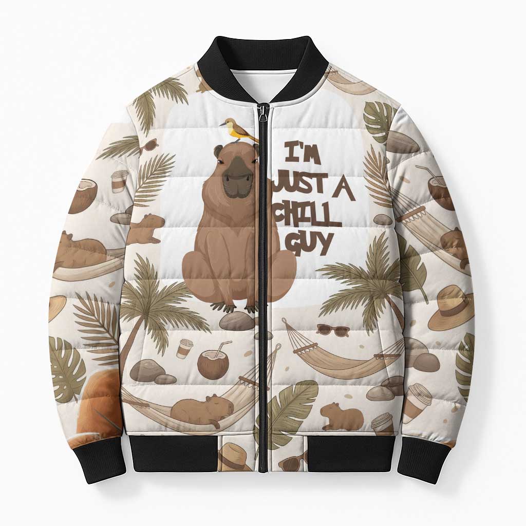 Chill Capybara Vibes Bomber Puffer Jacket with Hammock and Coconut Tropical Relaxed Style