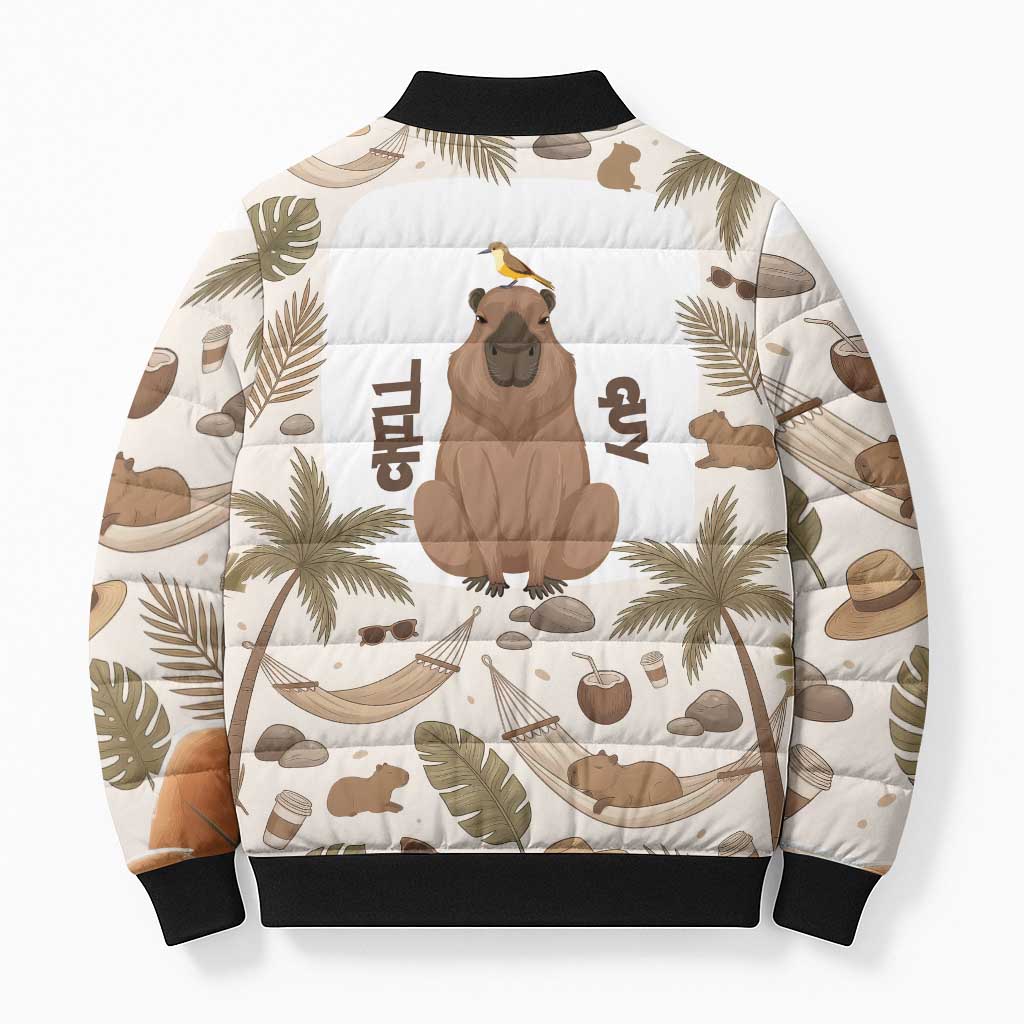 Chill Capybara Vibes Bomber Puffer Jacket with Hammock and Coconut Tropical Relaxed Style