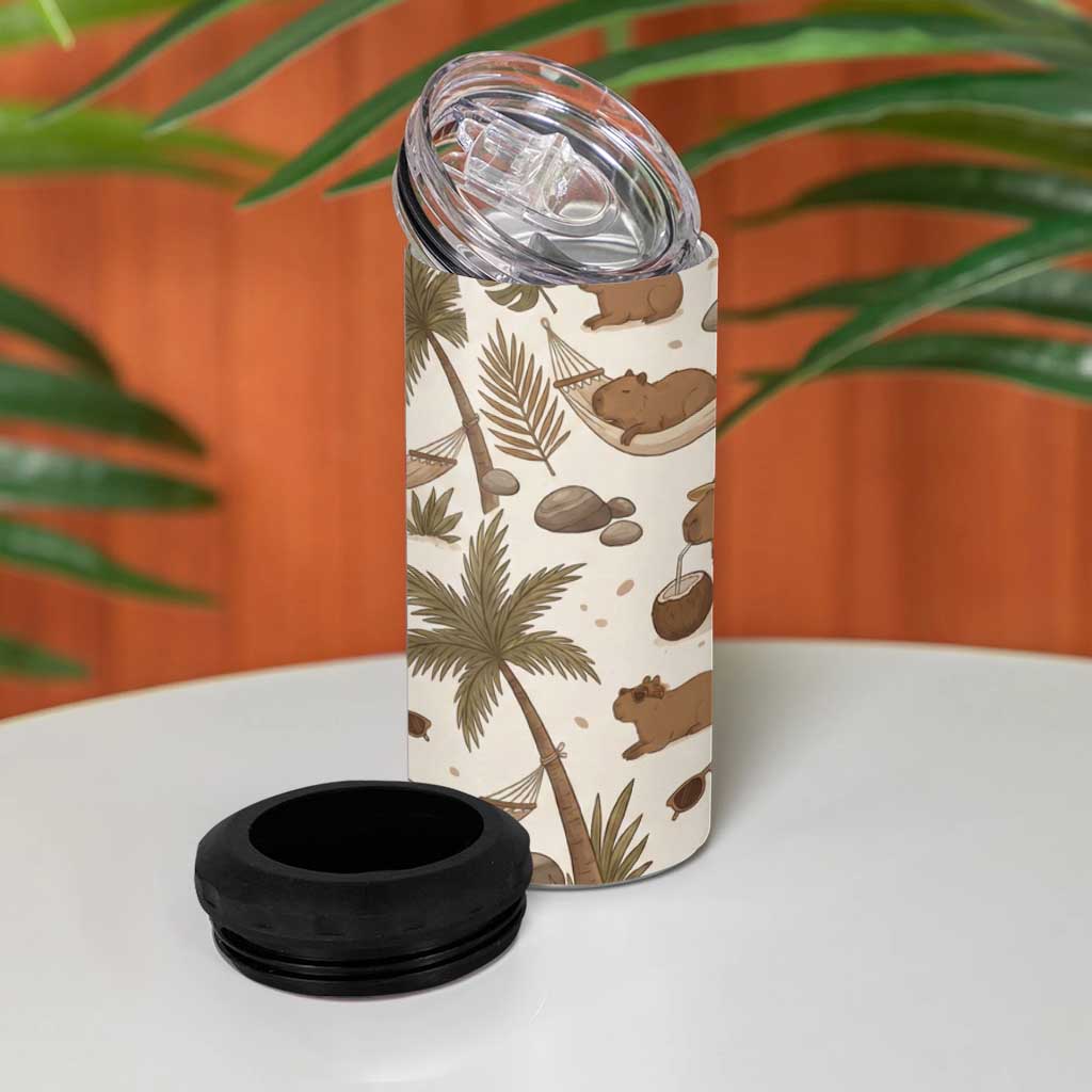 Chill Capybara Vibes 4 in 1 Can Cooler Tumbler with Hammock and Coconut Tropical Relaxed Style