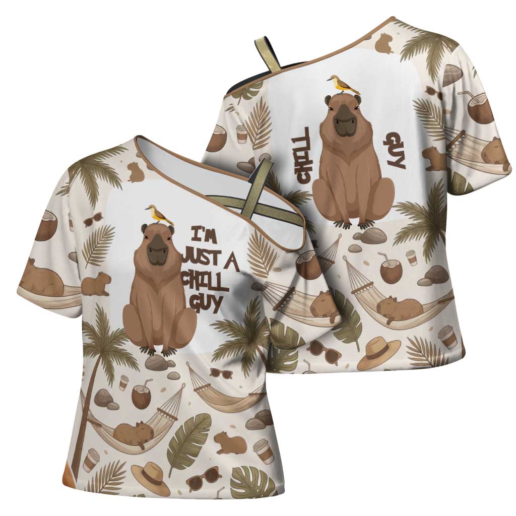 Chill Capybara Vibes Cross Shoulder Shirt with Hammock and Coconut Tropical Relaxed Style