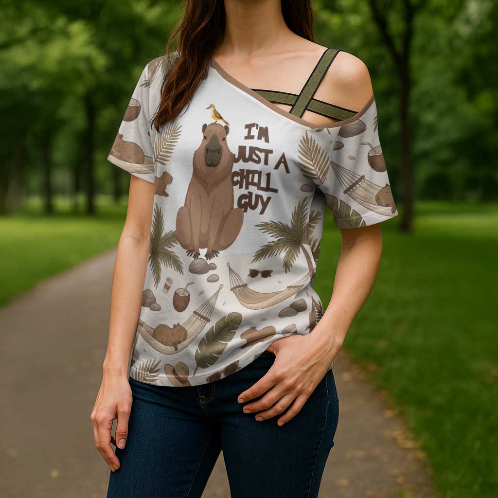 Chill Capybara Vibes Cross Shoulder Shirt with Hammock and Coconut Tropical Relaxed Style