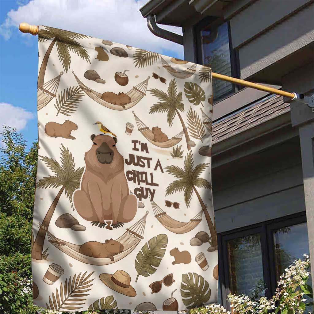 Chill Capybara Vibes Garden Flag with Hammock and Coconut Tropical Relaxed Style
