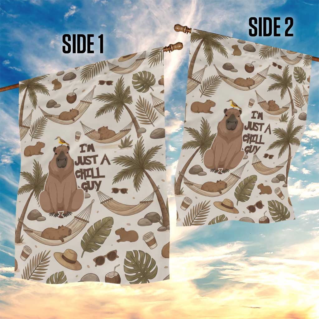 Chill Capybara Vibes Garden Flag with Hammock and Coconut Tropical Relaxed Style