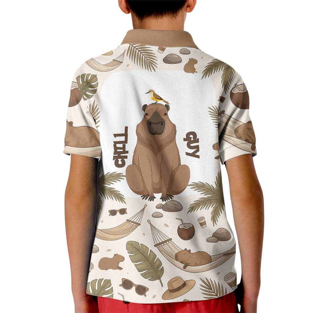 Chill Capybara Vibes Kid Polo Shirt with Hammock and Coconut Tropical Relaxed Style