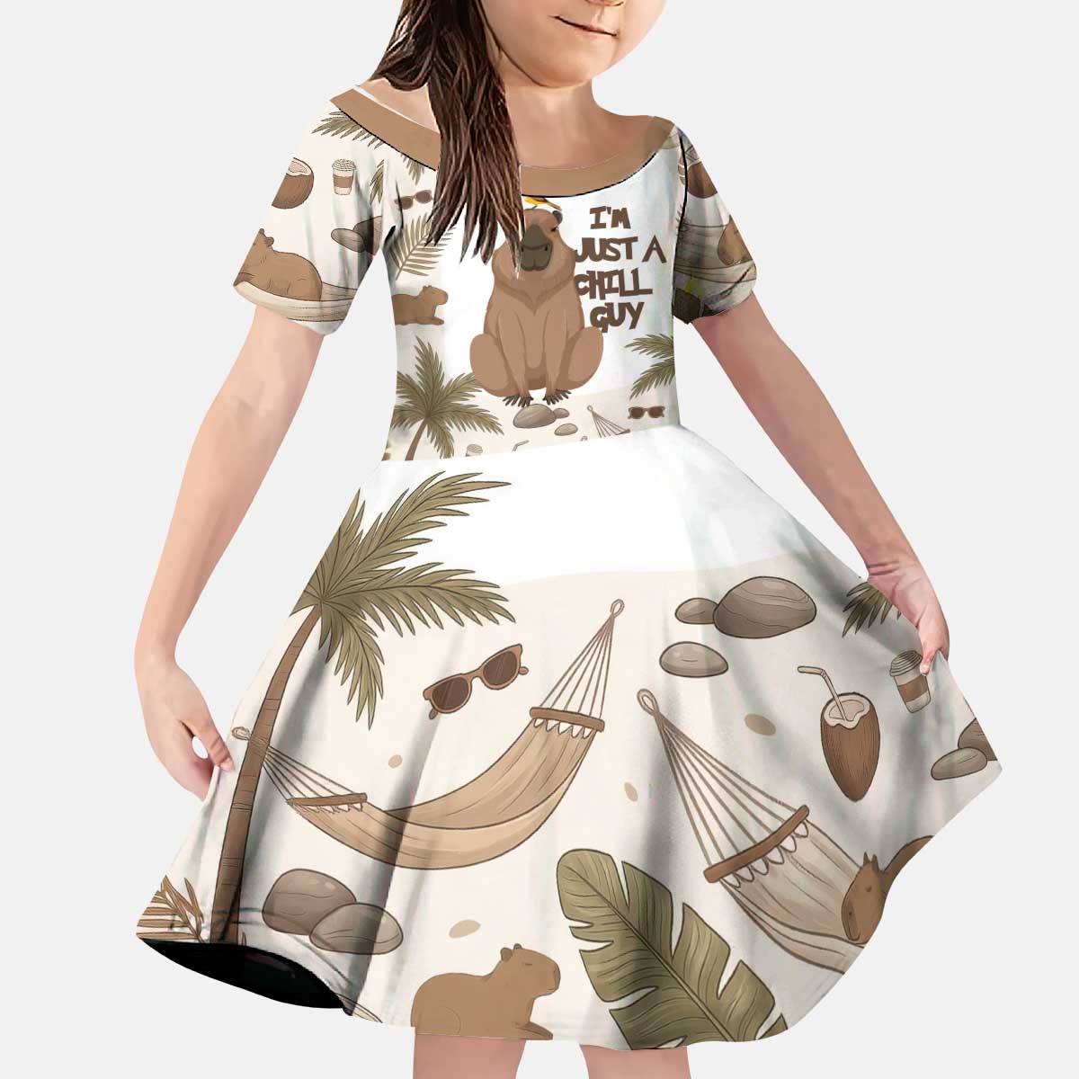 Chill Capybara Vibes Kid Short Sleeve Dress with Hammock and Coconut Tropical Relaxed Style