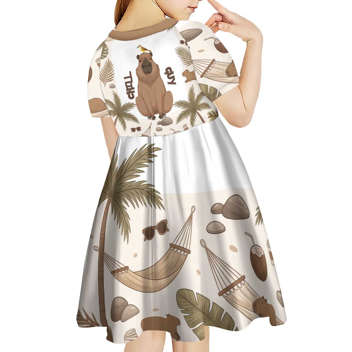 Chill Capybara Vibes Kid Short Sleeve Dress with Hammock and Coconut Tropical Relaxed Style
