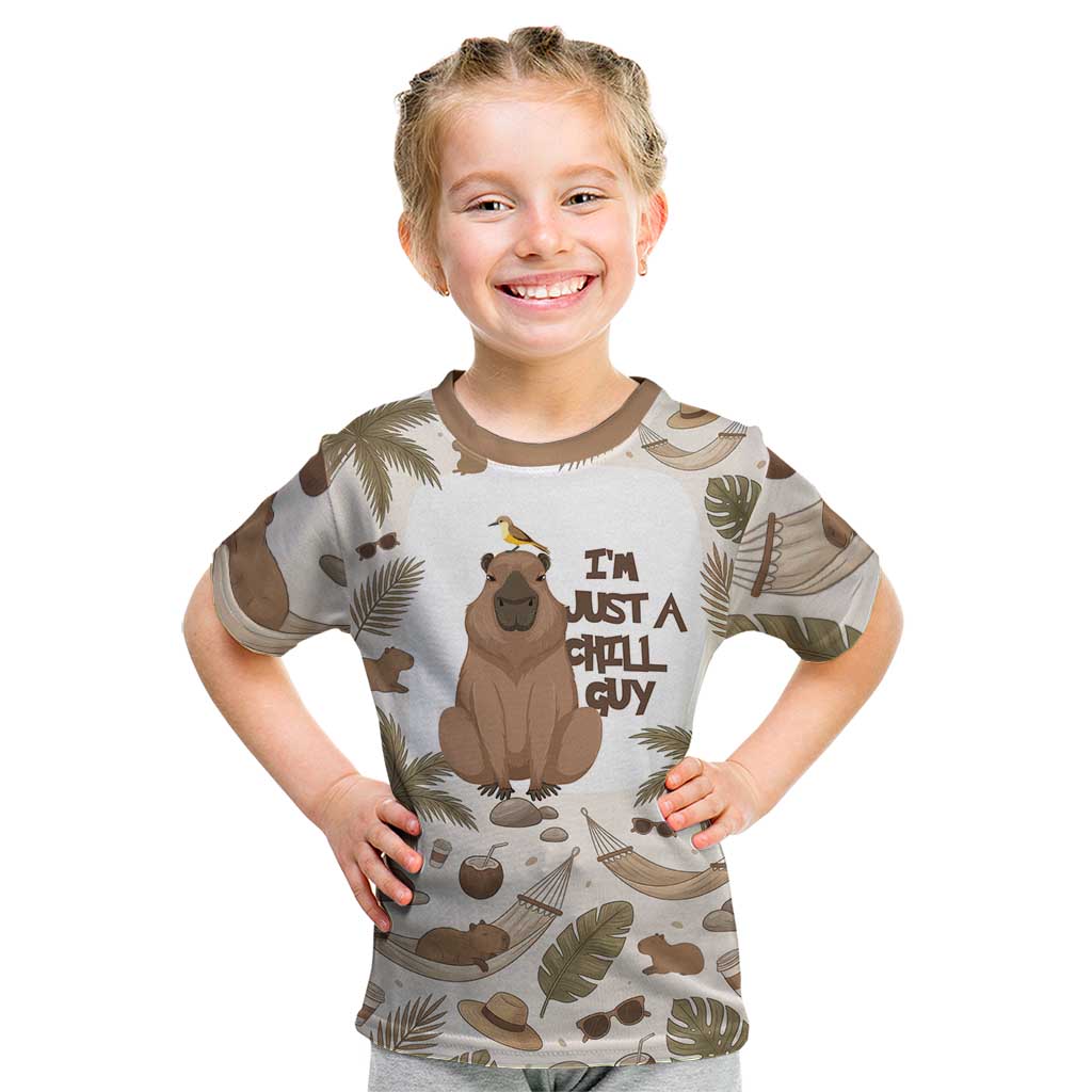 Chill Capybara Vibes Kid T Shirt with Hammock and Coconut Tropical Relaxed Style