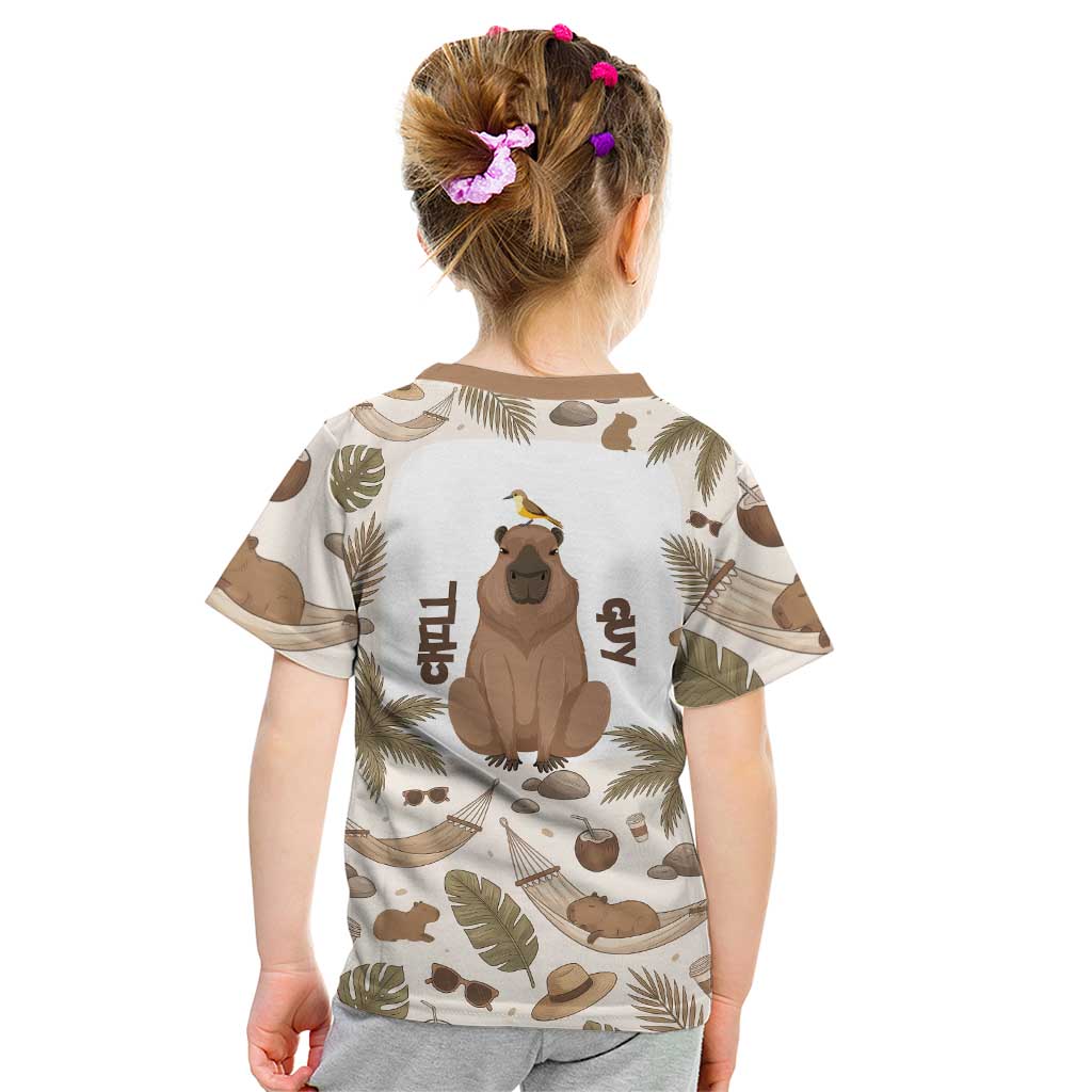 Chill Capybara Vibes Kid T Shirt with Hammock and Coconut Tropical Relaxed Style