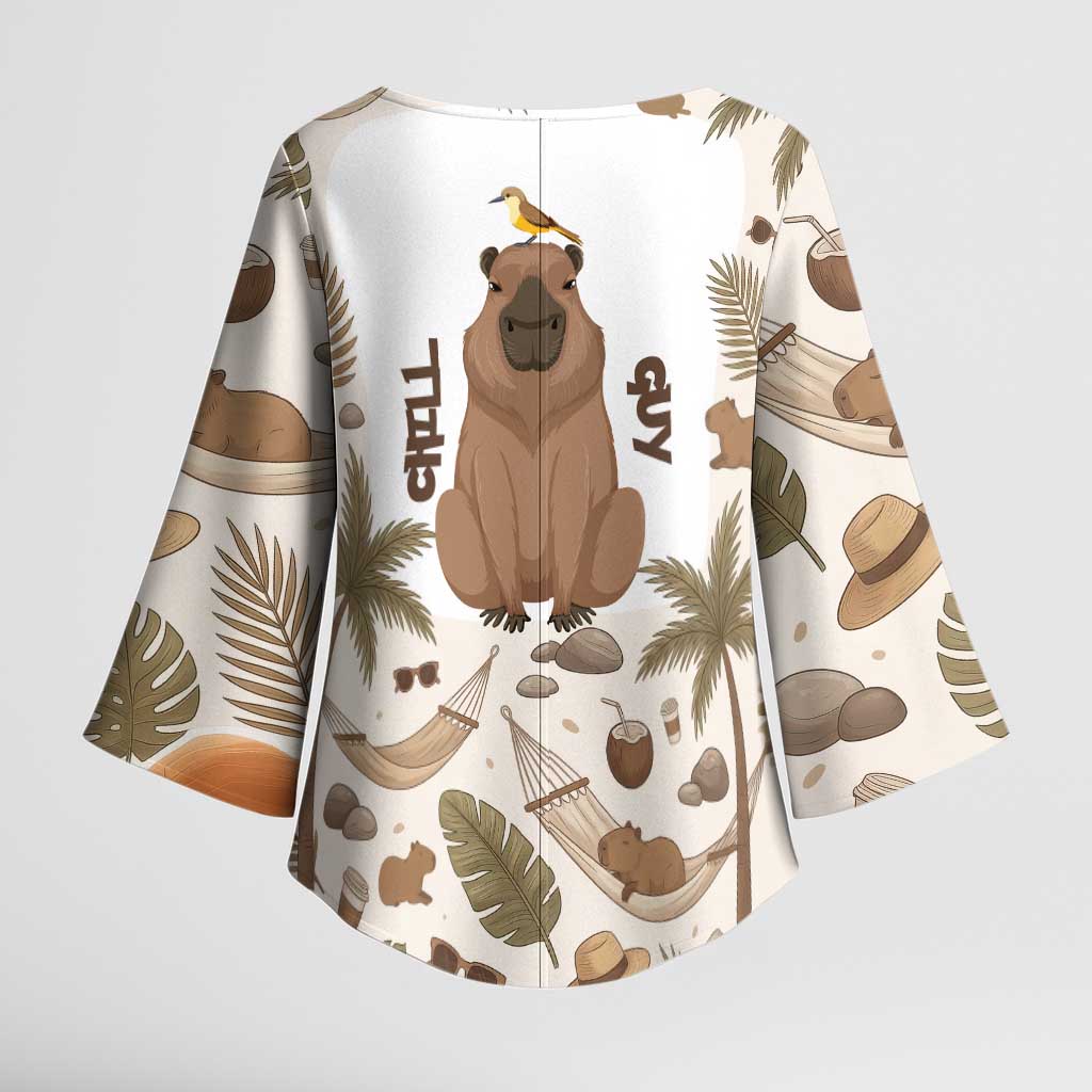 Chill Capybara Vibes Kimono Sleeve Blouse with Hammock and Coconut Tropical Relaxed Style
