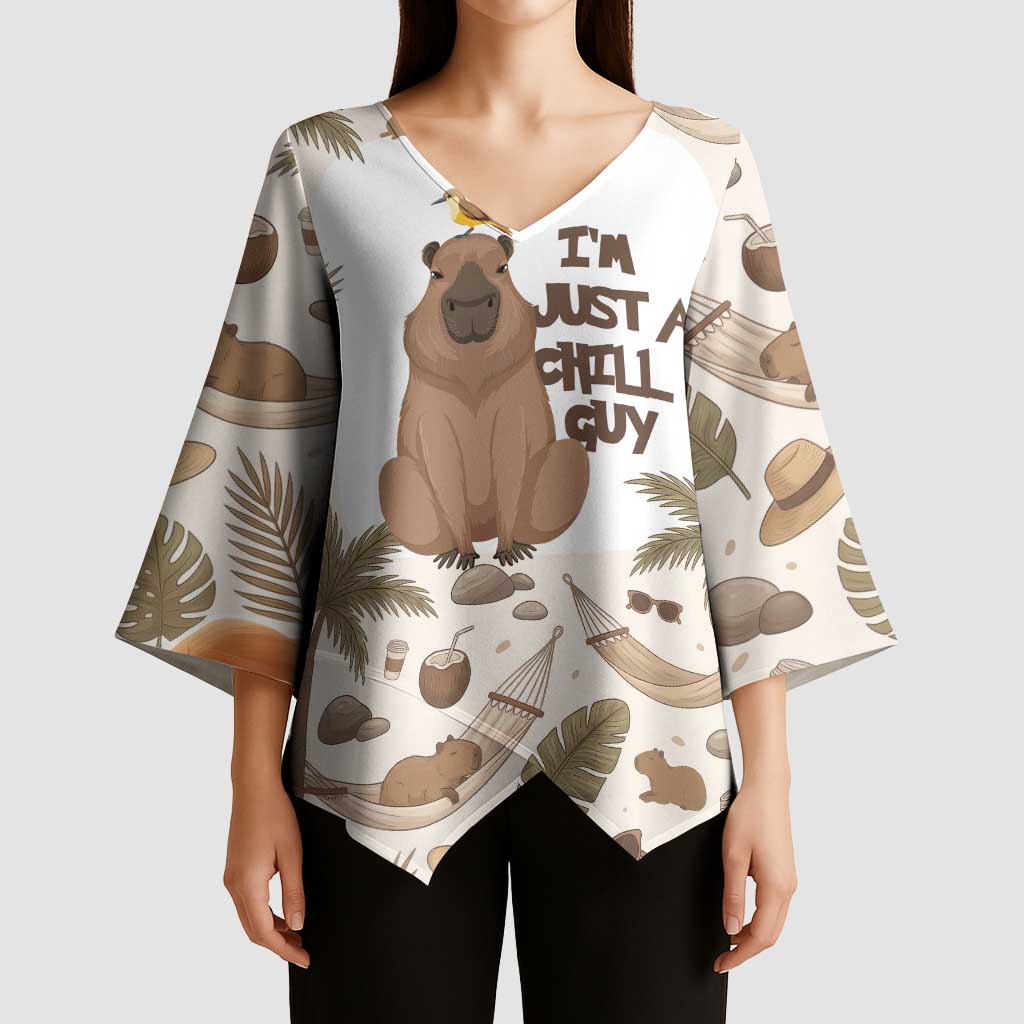 Chill Capybara Vibes Kimono Sleeve Blouse with Hammock and Coconut Tropical Relaxed Style