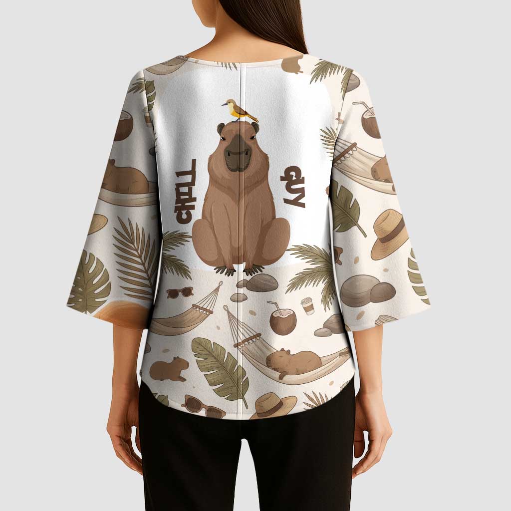 Chill Capybara Vibes Kimono Sleeve Blouse with Hammock and Coconut Tropical Relaxed Style