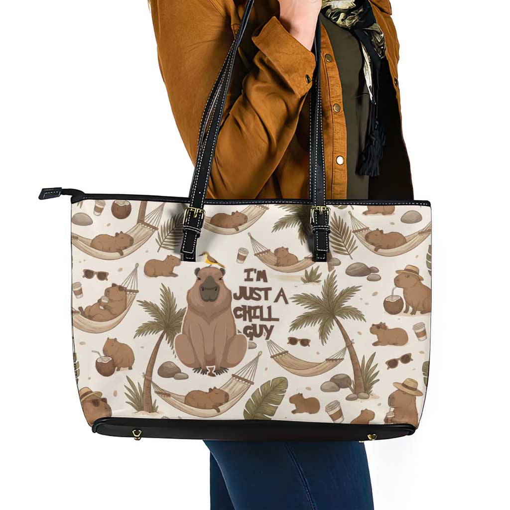 Chill Capybara Vibes Leather Tote Bag with Hammock and Coconut Tropical Relaxed Style