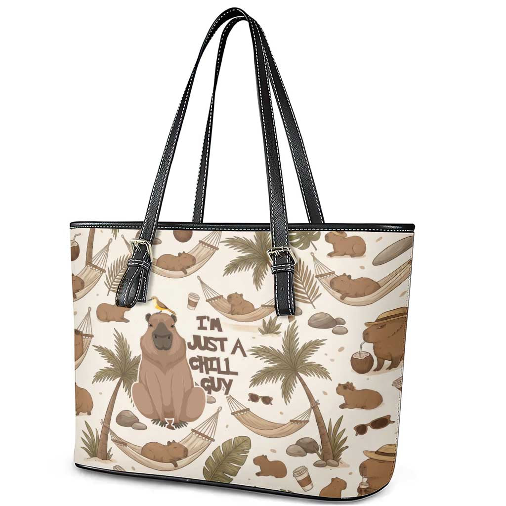 Chill Capybara Vibes Leather Tote Bag with Hammock and Coconut Tropical Relaxed Style