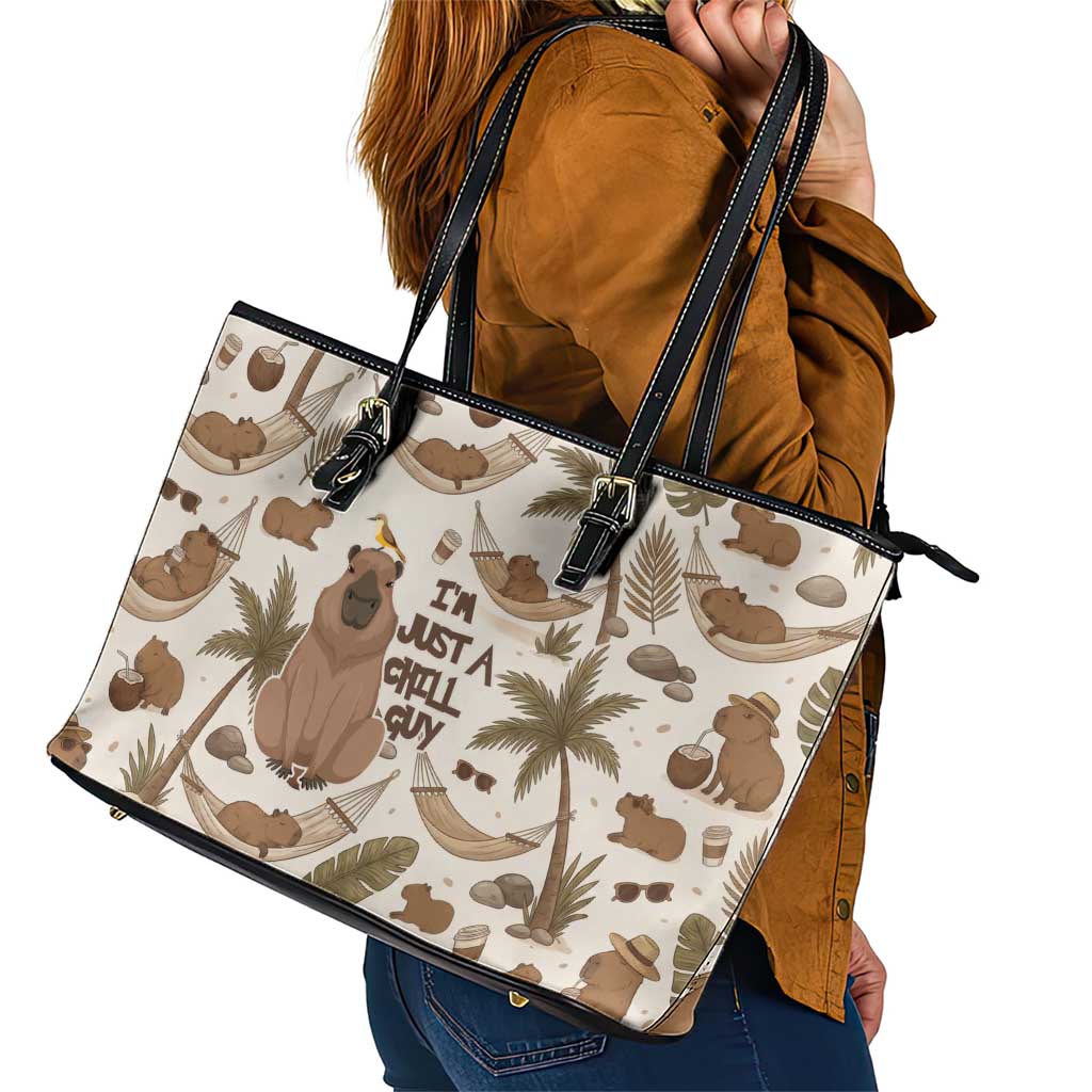 Chill Capybara Vibes Leather Tote Bag with Hammock and Coconut Tropical Relaxed Style