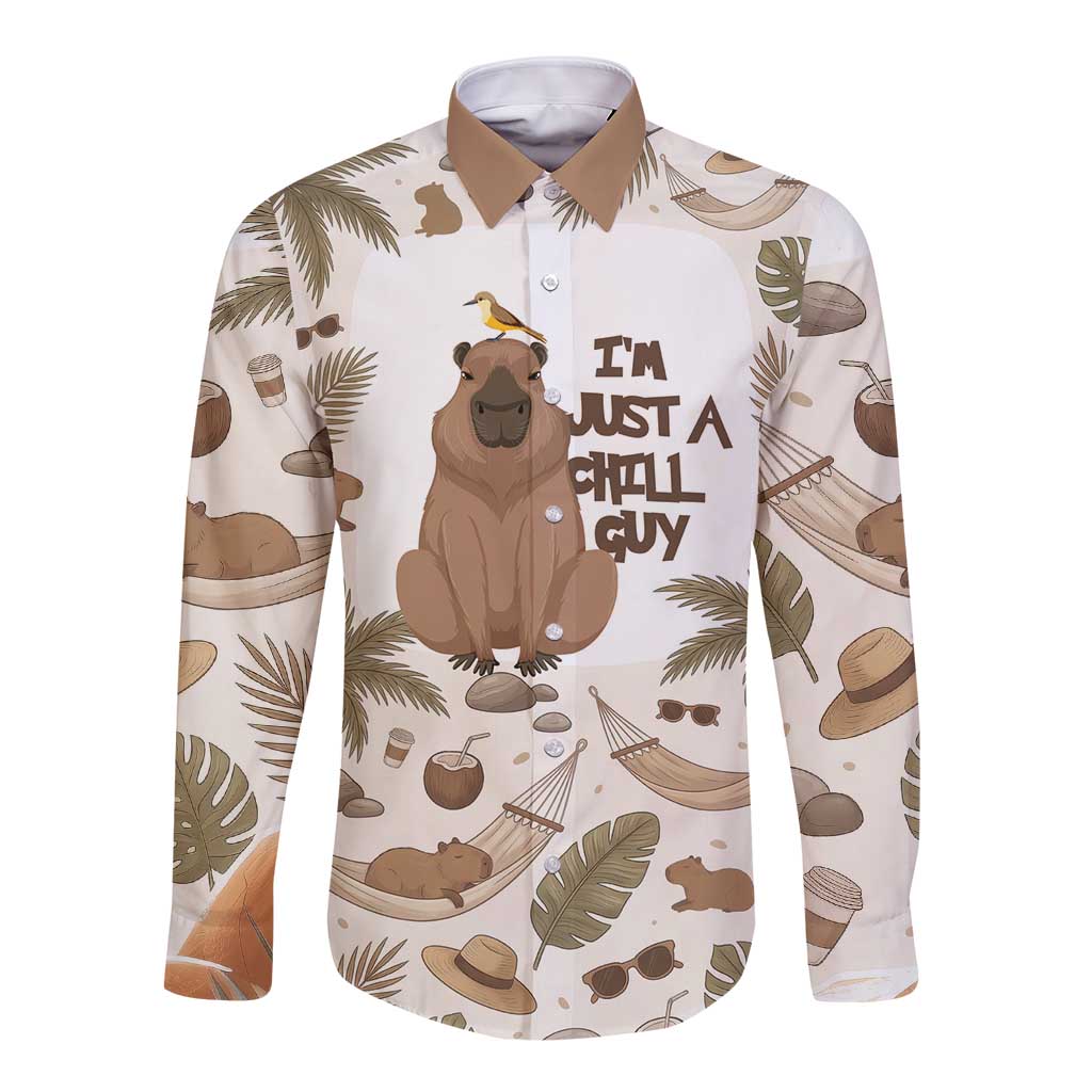 Chill Capybara Vibes Long Sleeve Button Shirt with Hammock and Coconut Tropical Relaxed Style