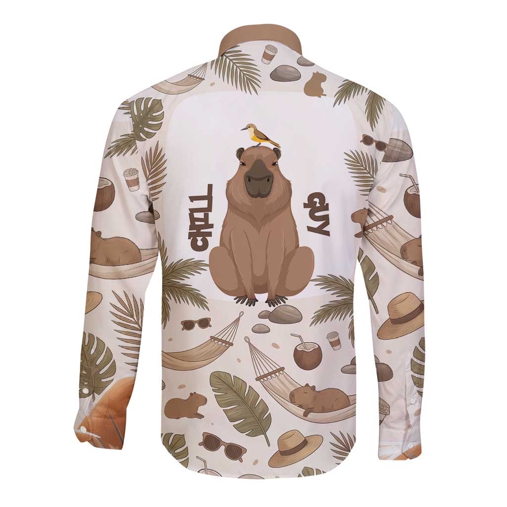 Chill Capybara Vibes Long Sleeve Button Shirt with Hammock and Coconut Tropical Relaxed Style