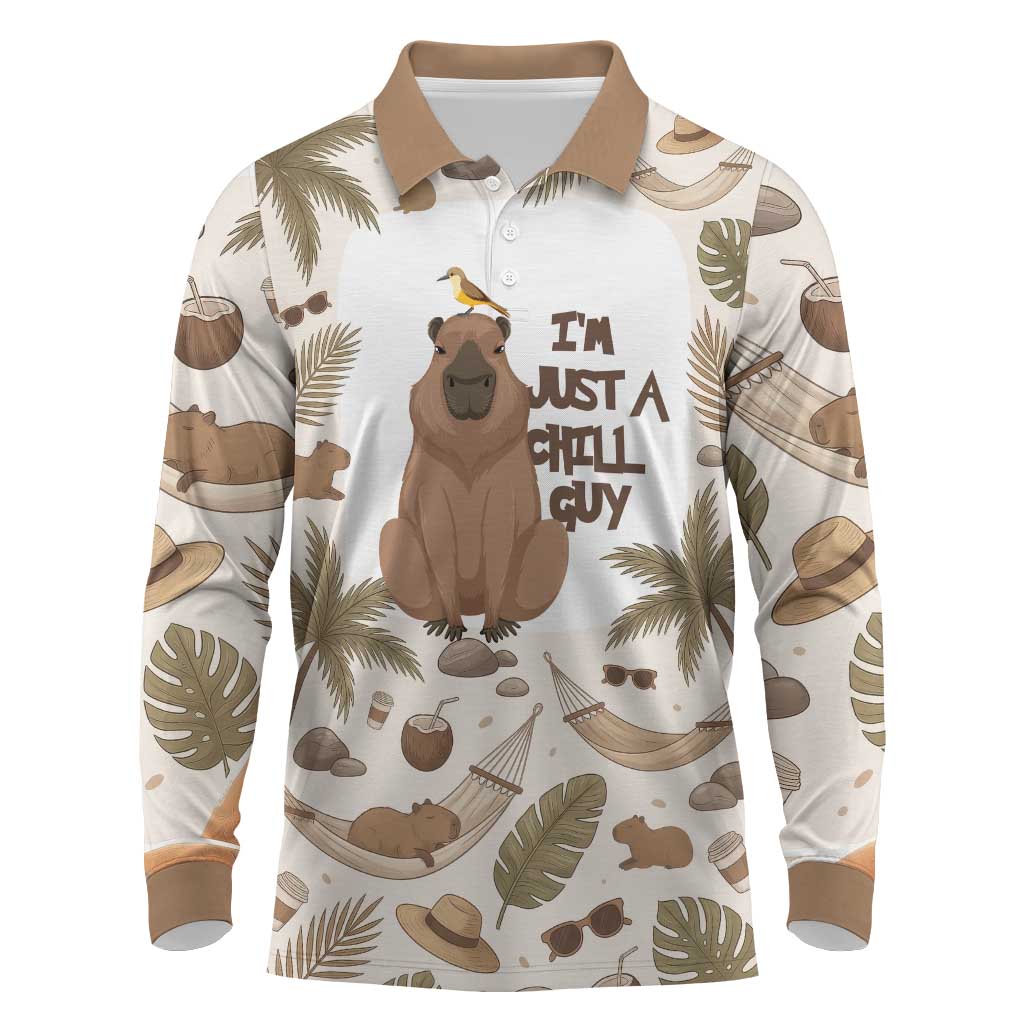 Chill Capybara Vibes Long Sleeve Polo Shirt with Hammock and Coconut Tropical Relaxed Style