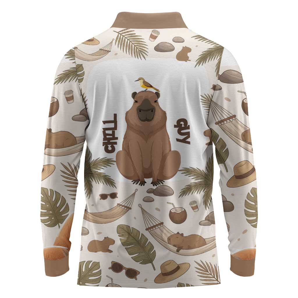 Chill Capybara Vibes Long Sleeve Polo Shirt with Hammock and Coconut Tropical Relaxed Style