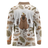 Chill Capybara Vibes Long Sleeve Polo Shirt with Hammock and Coconut Tropical Relaxed Style
