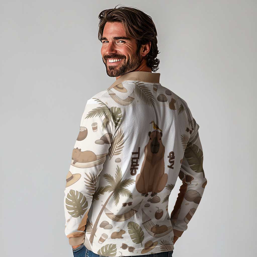 Chill Capybara Vibes Long Sleeve Polo Shirt with Hammock and Coconut Tropical Relaxed Style