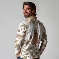 Chill Capybara Vibes Long Sleeve Polo Shirt with Hammock and Coconut Tropical Relaxed Style