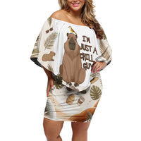 Chill Capybara Vibes Off Shoulder Short Dress with Hammock and Coconut Tropical Relaxed Style