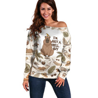 Chill Capybara Vibes Off Shoulder Sweater with Hammock and Coconut Tropical Relaxed Style