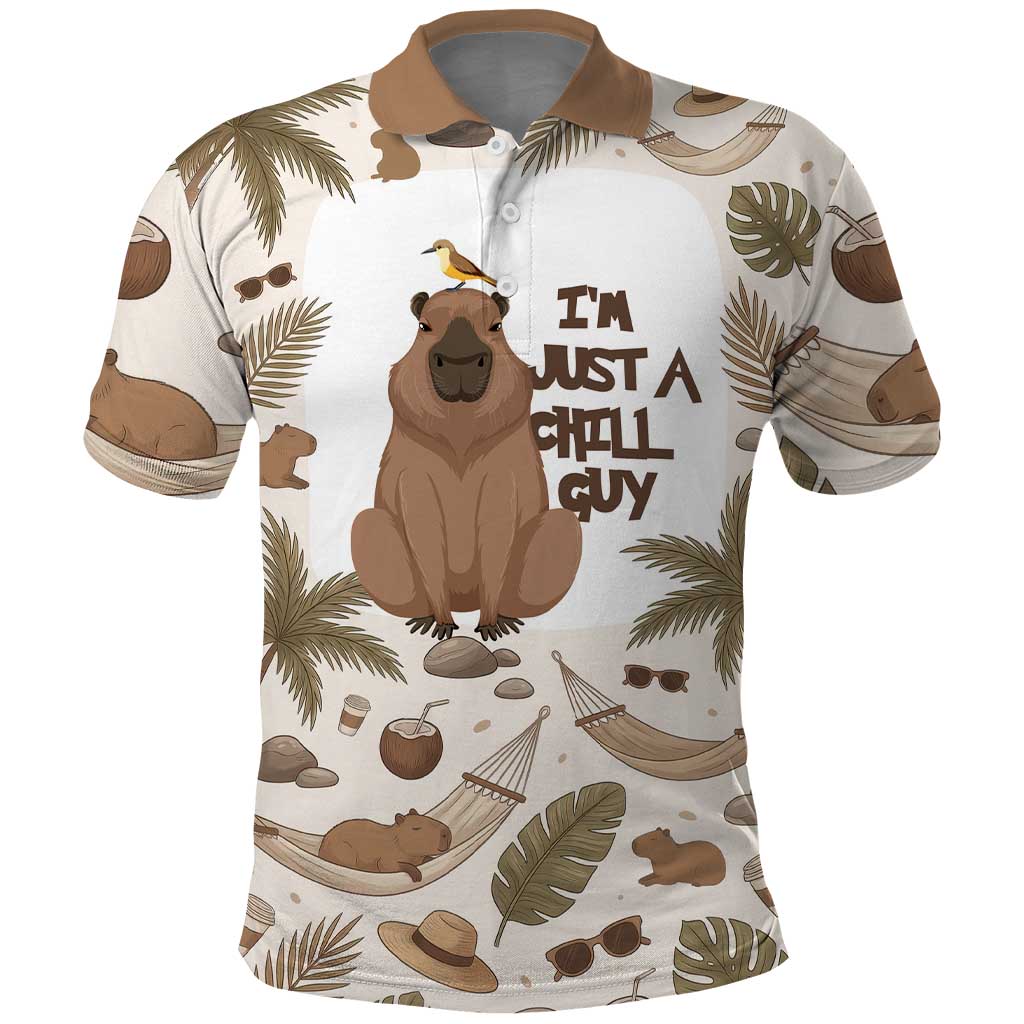 Chill Capybara Vibes Polo Shirt with Hammock and Coconut Tropical Relaxed Style