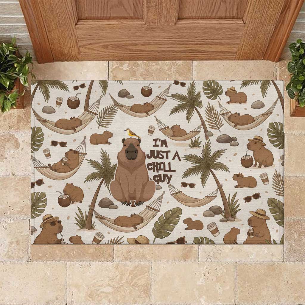 Chill Capybara Vibes Rubber Doormat with Hammock and Coconut Tropical Relaxed Style
