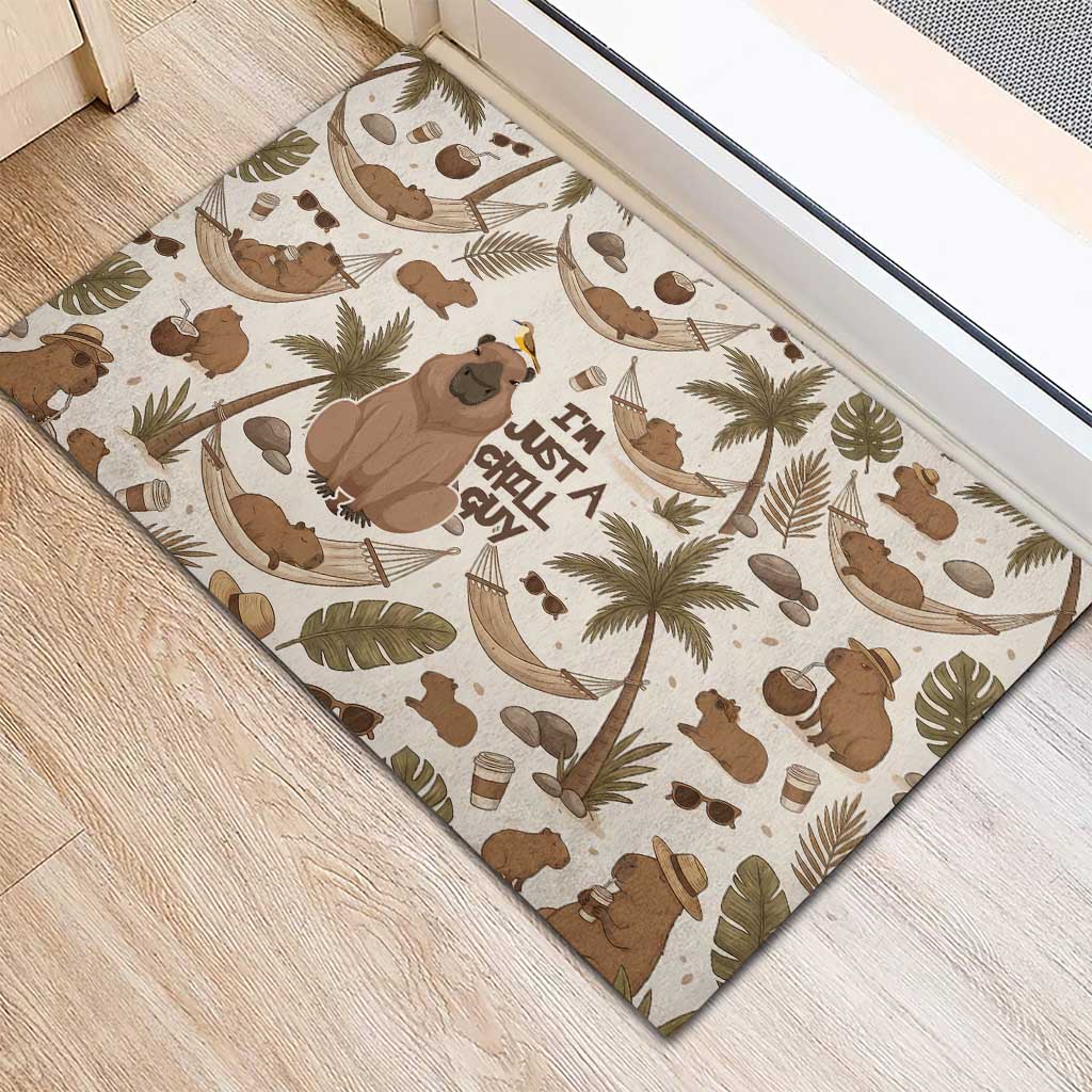 Chill Capybara Vibes Rubber Doormat with Hammock and Coconut Tropical Relaxed Style