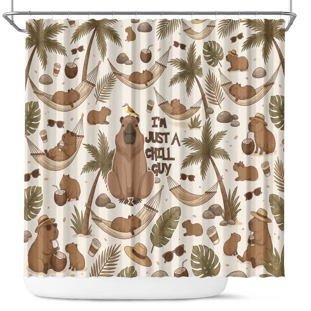 Chill Capybara Vibes Shower Curtain with Hammock and Coconut Tropical Relaxed Style