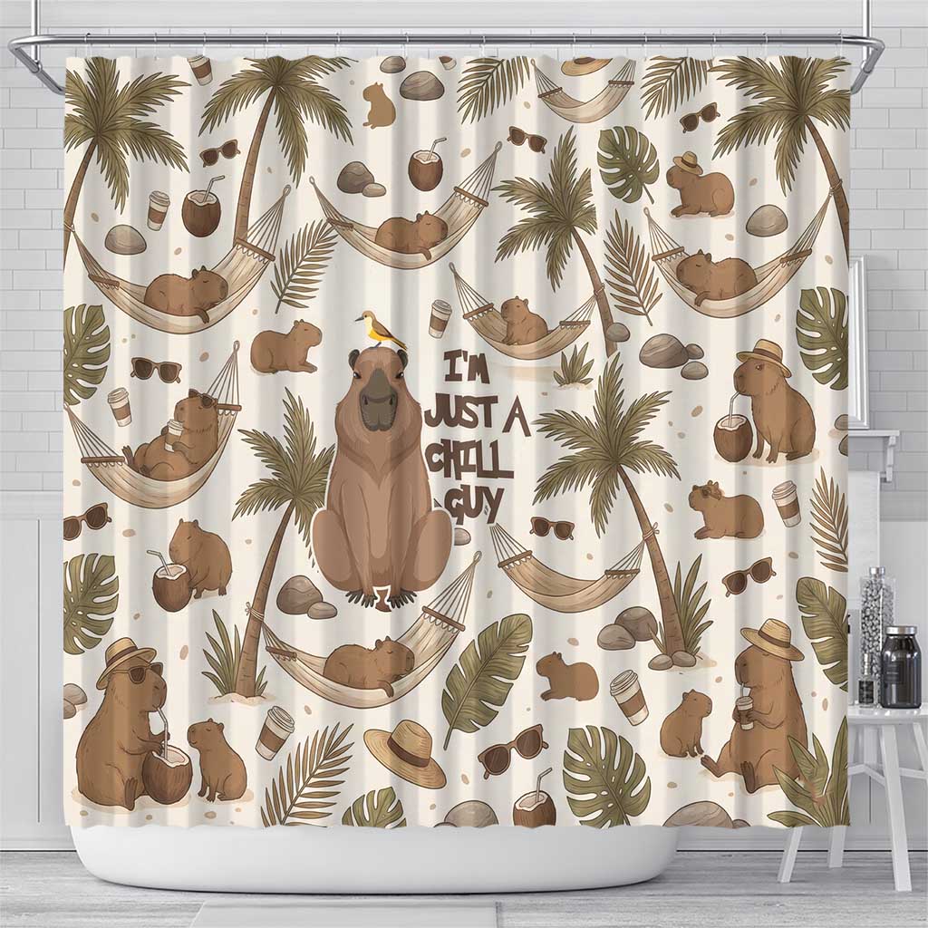Chill Capybara Vibes Shower Curtain with Hammock and Coconut Tropical Relaxed Style