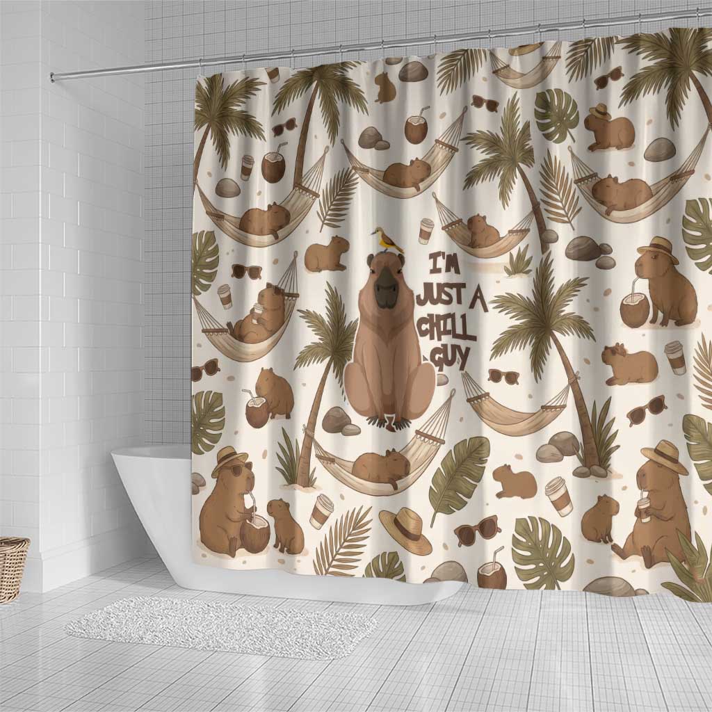 Chill Capybara Vibes Shower Curtain with Hammock and Coconut Tropical Relaxed Style